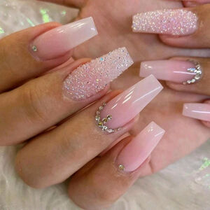 24Pcs Long Coffin Gradient Rhinestone Nail Tips Set with Nail File Jelly Glue sh